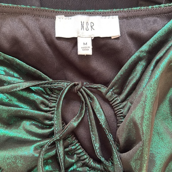 NSR Emerald Green Metallic Cutout Ruched Midi Dress Long Sleeve Party Holiday M - Picture 8 of 8